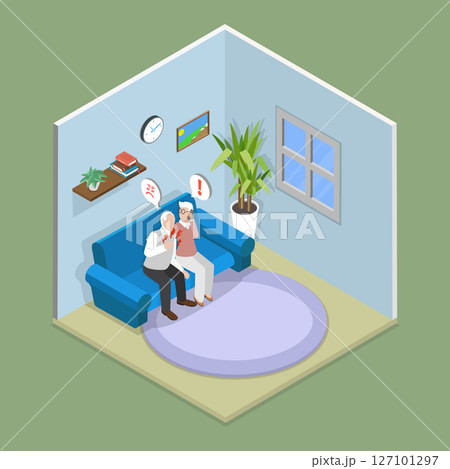 3D Isometric Flat Vector Illustration of Elderly Healthcare, Old Woman Calls Ambulance For Mature Husband Showing Signs Of Heart Attack, Feeling Scared. 127101297