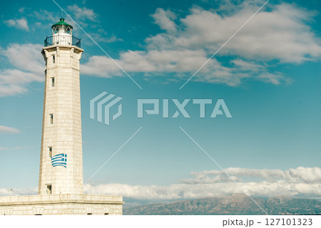 Lighthouse near Gythio against blue sky 127101323