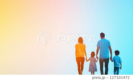 Family walking towards bright future hopeful sunset 127101472
