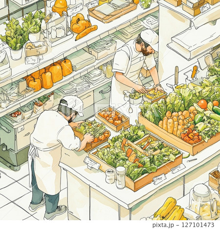Farmers market watercolor illustration fresh produce and workers 127101473