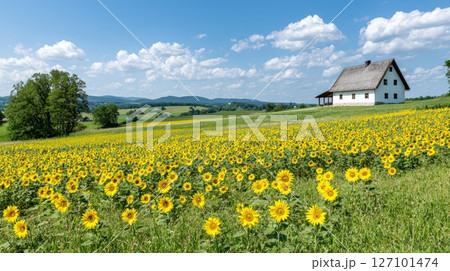 Farmhouse with a field of golden sunflower 127101474