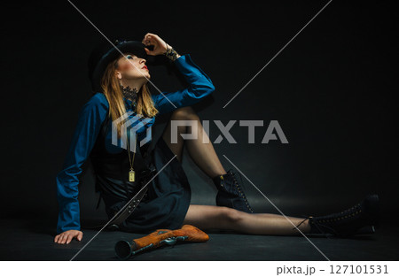 Retro lady sitting. 127101531