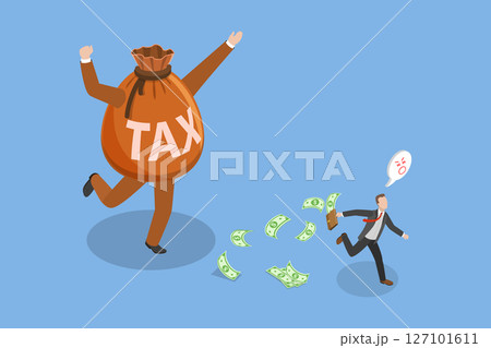 3D Isometric Flat Vector Illustration of Tax Evasion, Businessperson Absconds With Cash From Tax Payments, Leaving Authorities Baffled. 127101611