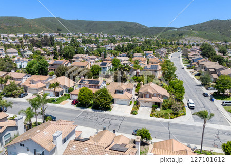 Aerial view of San Marcos neighborhood, with houses and street. South California 127101612