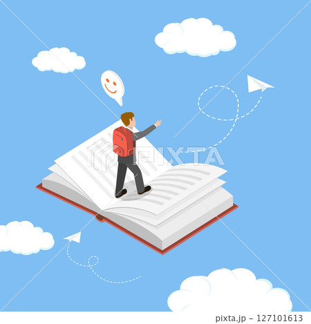 3D Isometric Flat Vector Illustration of Booklover, Joyful Young Man Soars Through Pages Into Enchanted Fairytale Realm 127101613