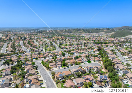 Aerial view of San Marcos neighborhood, with houses and street. South California 127101614