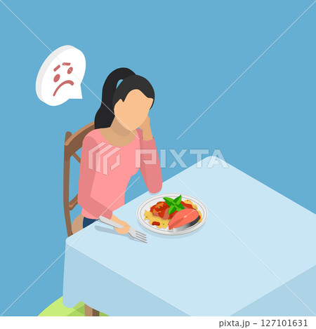 3D Isometric Flat Vector Illustration of Bored Eating, Woman Struggles With Eating Disorder And Lack Of Appetite, Staring At Plate Of Spaghetti 127101631