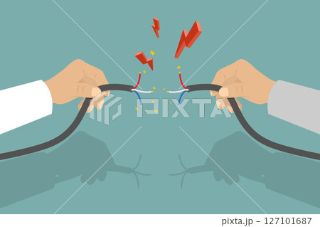 3D Isometric Flat Vector Illustration of Faulty Damaged Cable, Hand Holding Frayed Electrical Cord With Sparking Electricity 127101687