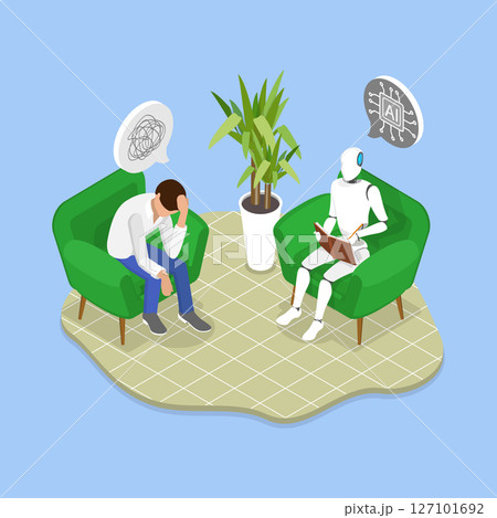 3D Isometric Flat Vector Illustration of Mental Health Treatment, AI Psychologist Robot Providing Therapy To A Depressed Patient 127101692