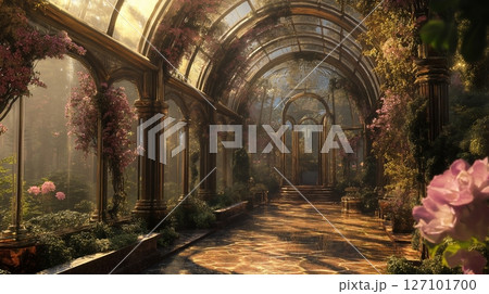 Grand glass conservatory filled with vibrant plants and golden architectural details. 127101700