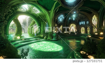 Lush green elven hall with glowing light and organic architecture. 127101731