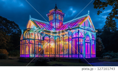 Beautiful building with colorful stained glass windows glowing at night. 127101743