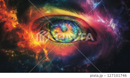 Intricate cosmic eye surrounded by vibrant colors and swirling galaxies 127101746