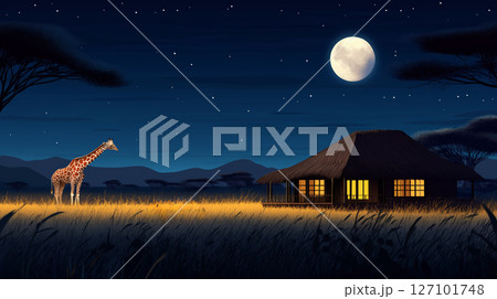 Full moon over safari lodge with giraffe and lion at night Full moon over safari lodge with giraffe and lion at night 127101748