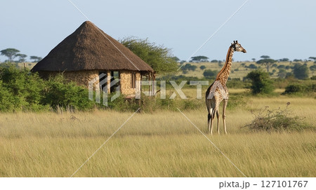 Giraffe standing in front of traditional african hut in savanna. Safari wildlife scene. 127101767
