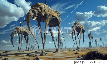 Unique surreal artwork featuring elephants with long legs standing in a desert landscape 127101797