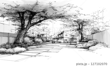 Hand-drawn backyard garden sketch with trees and benches Hand-drawn backyard garden sketch with trees and benches 127102070