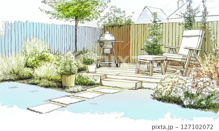 Wooden terrace with grill and chairs, hand drawn summer scene 127102072