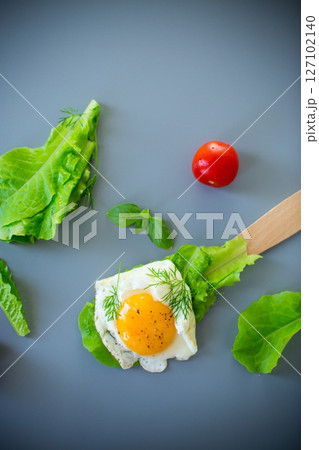 Appetizing fried egg with greens on wooden spatula, on gray background Appetizing fried egg with greens on wooden spatula, on gray background 127102140