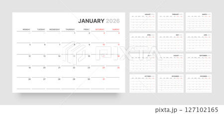 Monthly calendar layout for 2026. Planner diary. 127102165