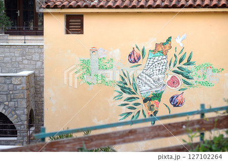 Old Bar Town, Montenegro - February 8, 2025: Handmade picture on a building wall on street of Old Bar Town, Montenegro. 127102264