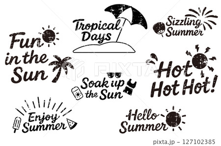 手描き風・夏の英語フレーズ素材セット（Fun in the Sun）／モノクログランジ風 127102385