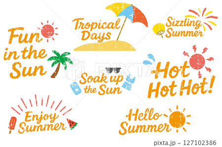 手描き風・夏の英語フレーズ素材セット（Fun in the Sun）／カラーグランジ風 127102386
