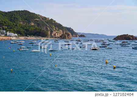 A scenic view of Tossa de Mar, showcasing boats floating in the sea with green hills and clear blue water under a bright sky. A scenic view of Tossa de Mar, showcasing boats floating in the sea with green hills and clear blue water under a bright sky. 127102404