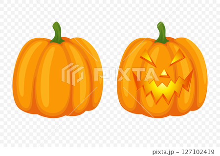 Vector Cartoon Pumpkins Collection with Carved Faces. Flat Colorful Pumpkin Stickers Set. Design Templates for Halloween, Fall, Harvest. Cute and Fun Simple Pumpkin Illustrations 127102419