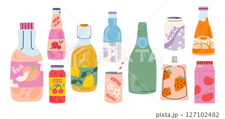 Cold drinks set. Soda water, sweet fizzy beverages, fruit cocktails, juices, lemonades in glass and plastic bottles, aluminum cans and tins. 127102482