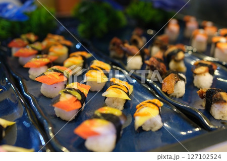 Tray of assorted sushi footage Tray of assorted sushi footage 127102524
