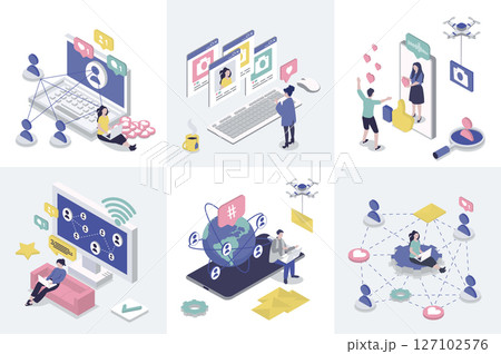 Social network 3d isometry concept for web design. Collection set with isometric people connecting and communicating online, chat with friends, commenting posts, likes and shares. Vector illustration. Social network 3d isometry concept for web design. Collection set with isometric people connecting and communicating online, chat with friends, commenting posts, likes and shares. Vector illustration. 127102576