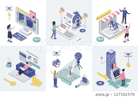 Real estate 3d isometry concept for web design. Collection set with isometric people searching new home, buying property, rents apartment, building houses, mortgage for customer. Vector illustration. 127102579