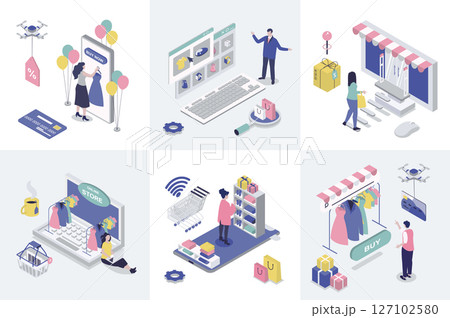 Online shopping 3d isometry concept for web design. Collection set with isometric people ordering new goods at store webpages, doing internet purchasing with payments in app. Vector illustration. Online shopping 3d isometry concept for web design. Collection set with isometric people ordering new goods at store webpages, doing internet purchasing with payments in app. Vector illustration. 127102580