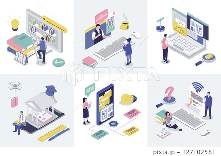 Online education 3d isometry concept for web design. Collection set with isometric people studying distantly at school, college or university platforms, reading digital books. Vector illustration. 127102581