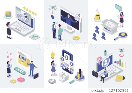 HR process 3d isometry concept for web design. Collection set with isometric people looking candidates for hiring, making job interview at vacancy, searching best online resume. Vector illustration. 127102591