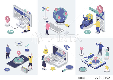 GPS navigation 3d isometry concept for web design. Collection set with isometric people using online global positioning system with maps, compass navigator, location pointers. Vector illustration. 127102592