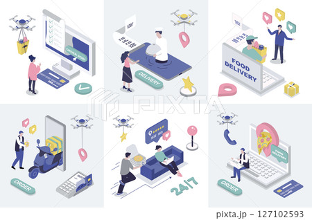 Food delivery 3d isometry concept for web design. Collection set with isometric people ordering online pizza or grocery menu in bags, using fast courier shipping service to home. Vector illustration. 127102593