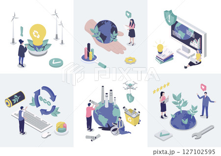 Ecology 3d isometry concept for web design. Collection set with isometric people using waste management and recycling technology, alternative energy for save planet and climate. Vector illustration. 127102595