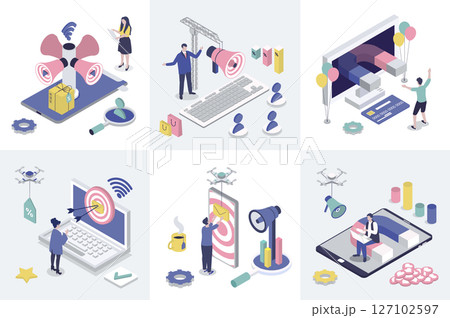 Digital marketing 3d isometry concept for web design. Collection set with isometric people making online promotion, advertising targeting, business communication with clients. Vector illustration. Digital marketing 3d isometry concept for web design. Collection set with isometric people making online promotion, advertising targeting, business communication with clients. Vector illustration. 127102597