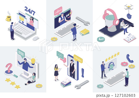 Customer support 3d isometry concept for web design. Collection set with isometric people calling at technical solution center with operators, online assistance and feedback. Vector illustration. 127102603