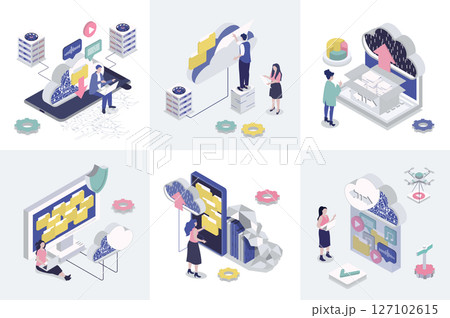 Cloud storage 3d isometry concept for web design. Collection set with isometric people uploading and downloading data in online storage, datacenter processing, hosting service. Vector illustration. Cloud storage 3d isometry concept for web design. Collection set with isometric people uploading and downloading data in online storage, datacenter processing, hosting service. Vector illustration. 127102615