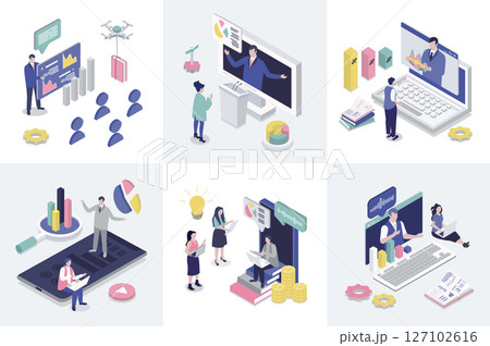 Business training 3d isometry concept for web design. Collection set with isometric people learning at conference, listening job coaching and consulting lectures, video seminars. Vector illustration. 127102616