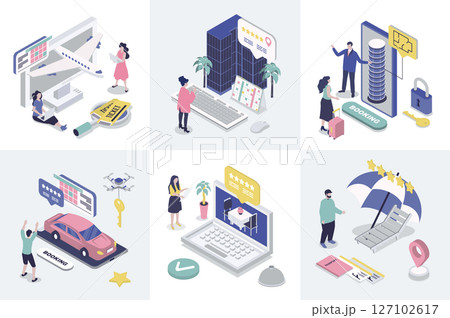 Booking 3d isometry concept for web design. Collection set with isometric people searching and buying airline tickets, ordering taxi, hotel room or restaurant table in mobile app. Vector illustration. 127102617