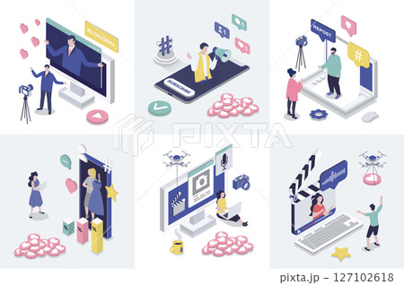 Blogging 3d isometry concept for web design. Collection set with isometric people creating video content, making new posts in social media, advertising and attracting followers. Vector illustration. 127102618