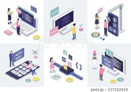 App development 3d isometry concept for web design. Collection set with isometric people programming applications, creating interface layouts, making settings and optimization. Vector illustration. 127102619