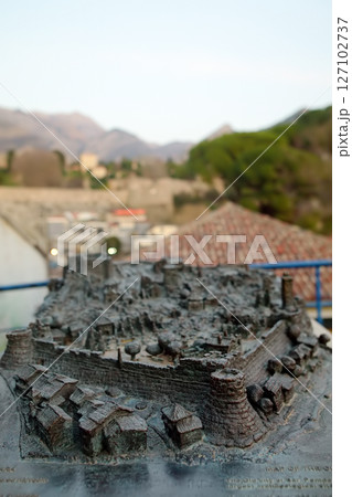 Old Bar Town, Montenegro - February 8, 2025: 3d model of fortress and Old Town Bar (Stari Grad Bar) on the street , Montenegro Old Bar Town, Montenegro - February 8, 2025: 3d model of fortress and Old Town Bar (Stari Grad Bar) on the street , Montenegro 127102737