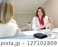 Gynecologist during appointment of patient. Doctor shows anatomical model of internal female organs and explains about disease. Gynecological consultation of treatment tactics 127102809