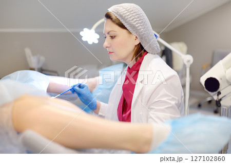 Gynecologist examines a patient laying on gynecological chair using medical vaginal speculum. Doctor takes pap smear test from a young woman cervix. Diagnosis of diseases. Gynecologist examines a patient laying on gynecological chair using medical vaginal speculum. Doctor takes pap smear test from a young woman cervix. Diagnosis of diseases. 127102860