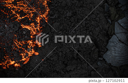 Aerial view of the texture of a solidifying lava field Aerial view of the texture of a solidifying lava field 127102911